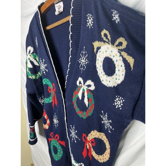 NutCracker Holiday Cardigan Sweater Wreaths Sparkly Accents Size Large 1980s - Picture 3 of 6